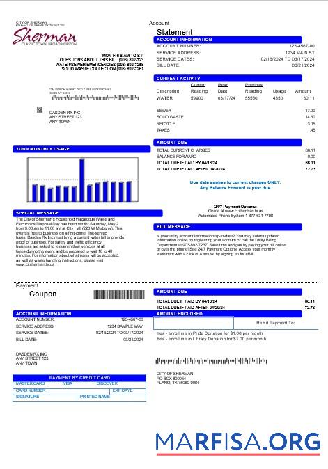Blank USA City of Sherman business utility bill template in Word and PDF formats